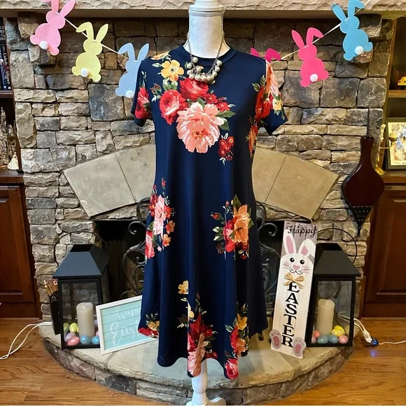 NWOT Flamingo Urban Navy Blue Floral Print Midi Dress Size Medium - Picture 1 of 8